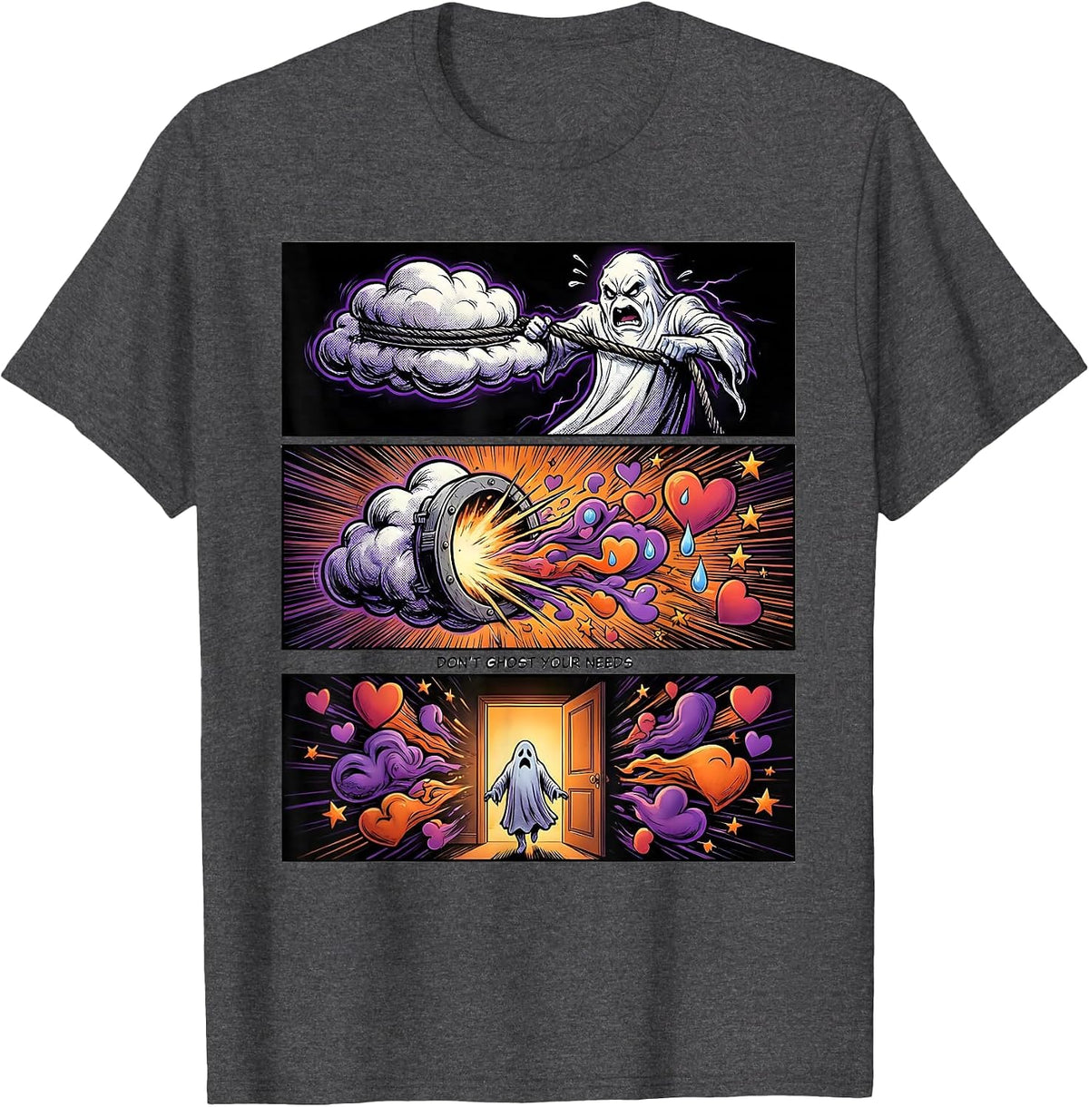 Don't Ghost Your Needs Comic Book Mental Health Halloween T-Shirt - Dark Heather Grey