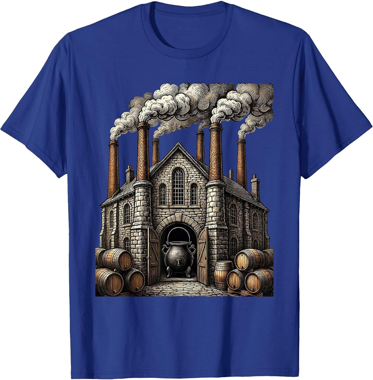 Old-Fashioned Brewery Smoking Chimneys Graphic T-Shirt - Royal Blue