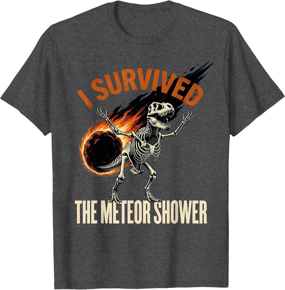 I Survived The Meteor Shower Dinosaur Design T-Shirt - Dark Heather Grey
