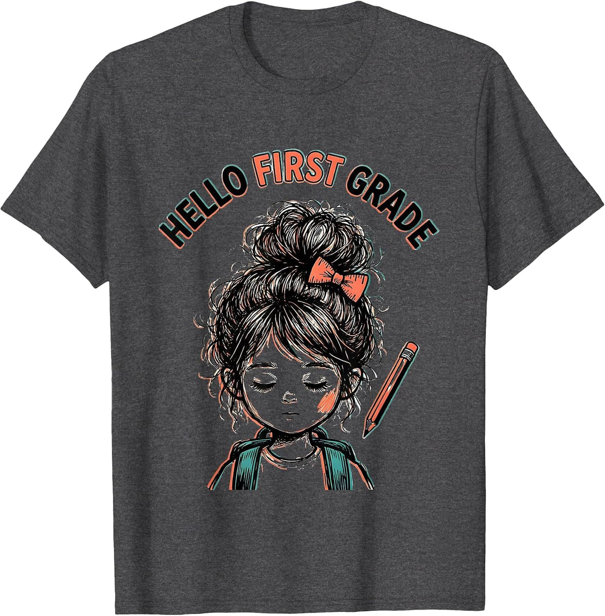 Men's Hello First Grade Back To School Messy Bun Girl Humor T-Shirt - Dark Heather Grey