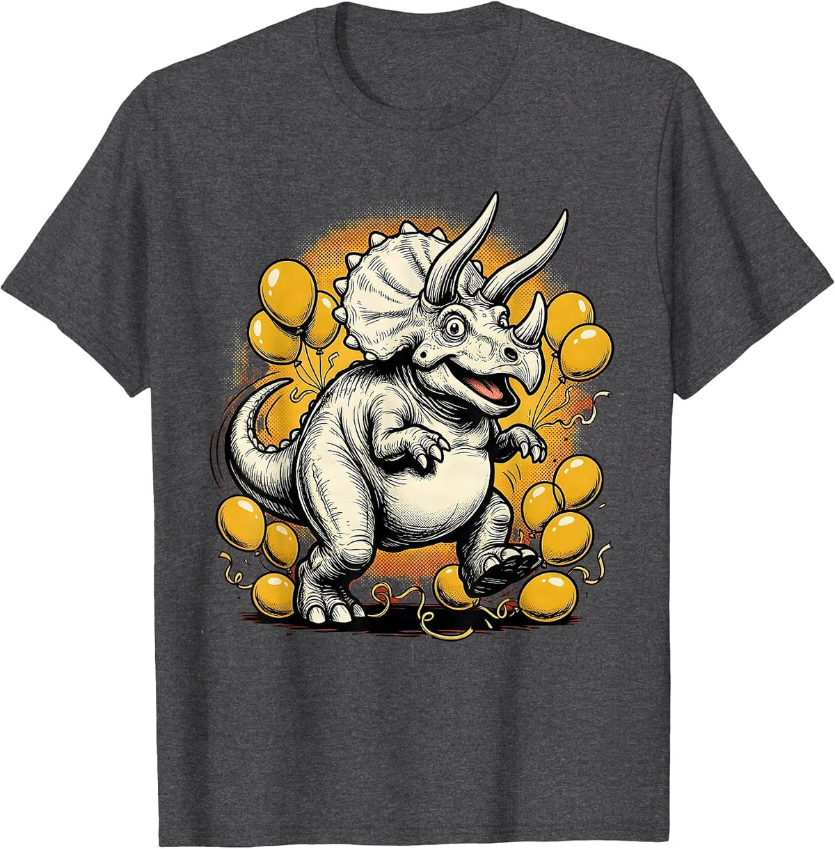 Triceratops Birthday Balloon Charge Dinosaur T-Shirt - Dark Heather Grey