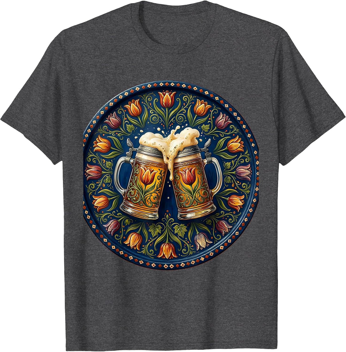 Men's Clinking Beer Steins October Festival Graphic T-Shirt - Dark Heather Grey
