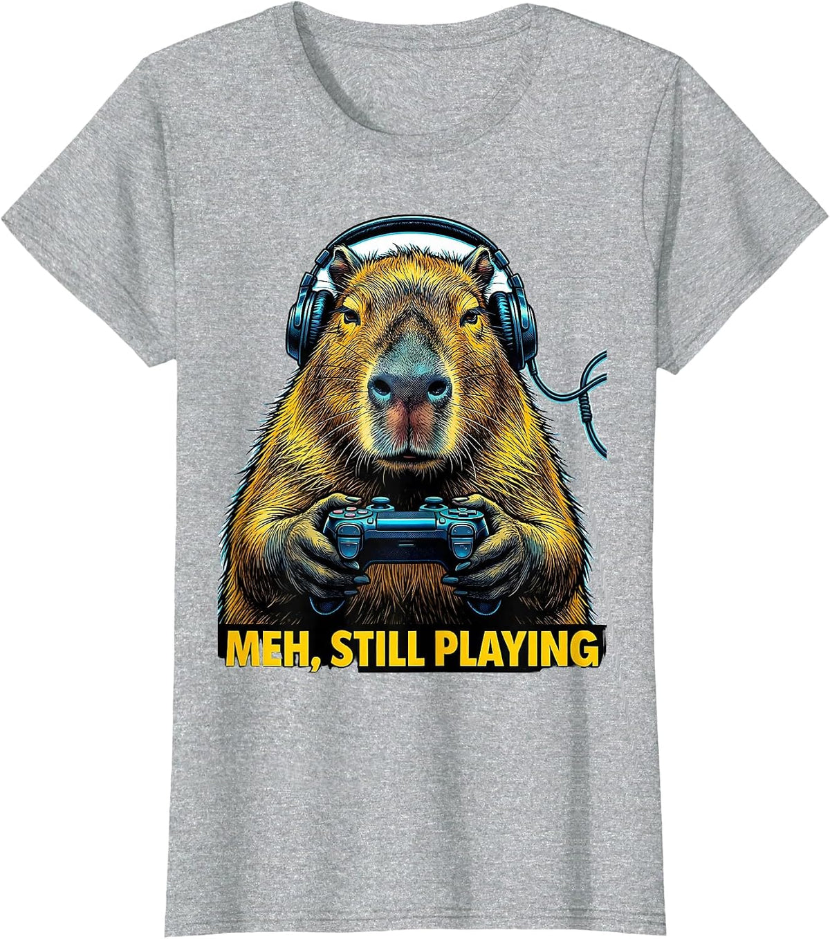 Women's Meh, Still Playing Pop Art Capybara Gamer Bruh Meme Humor T-Shirt - Heather Grey