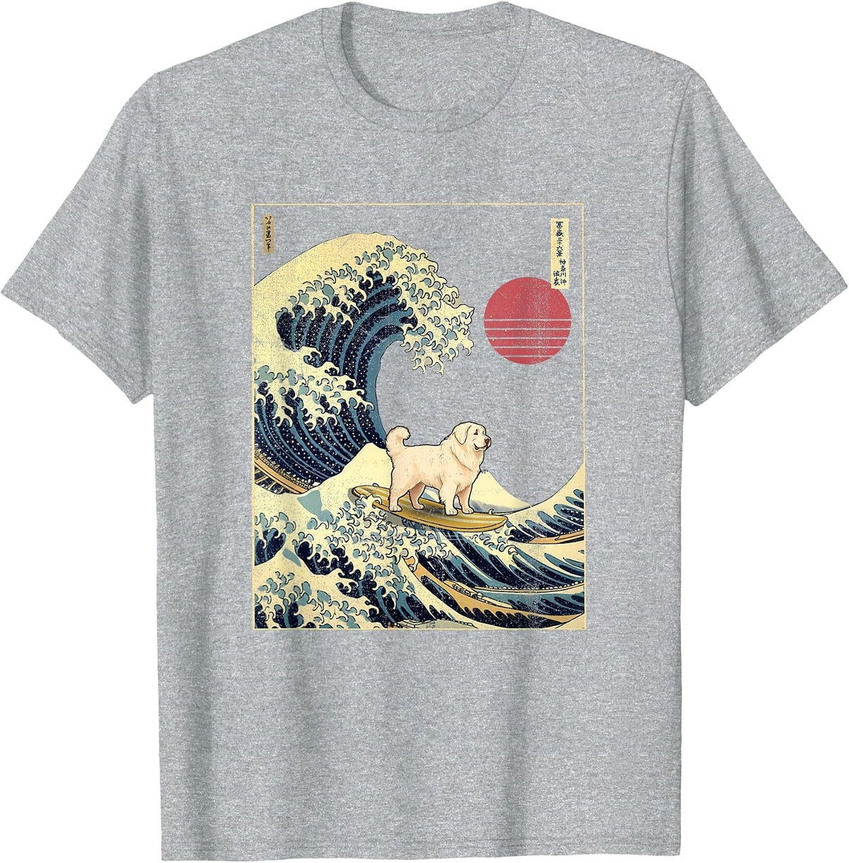 Great Pyrenees Japanese Kanagawa Wave Funny Surf Dog T-Shirt - Heather Grey