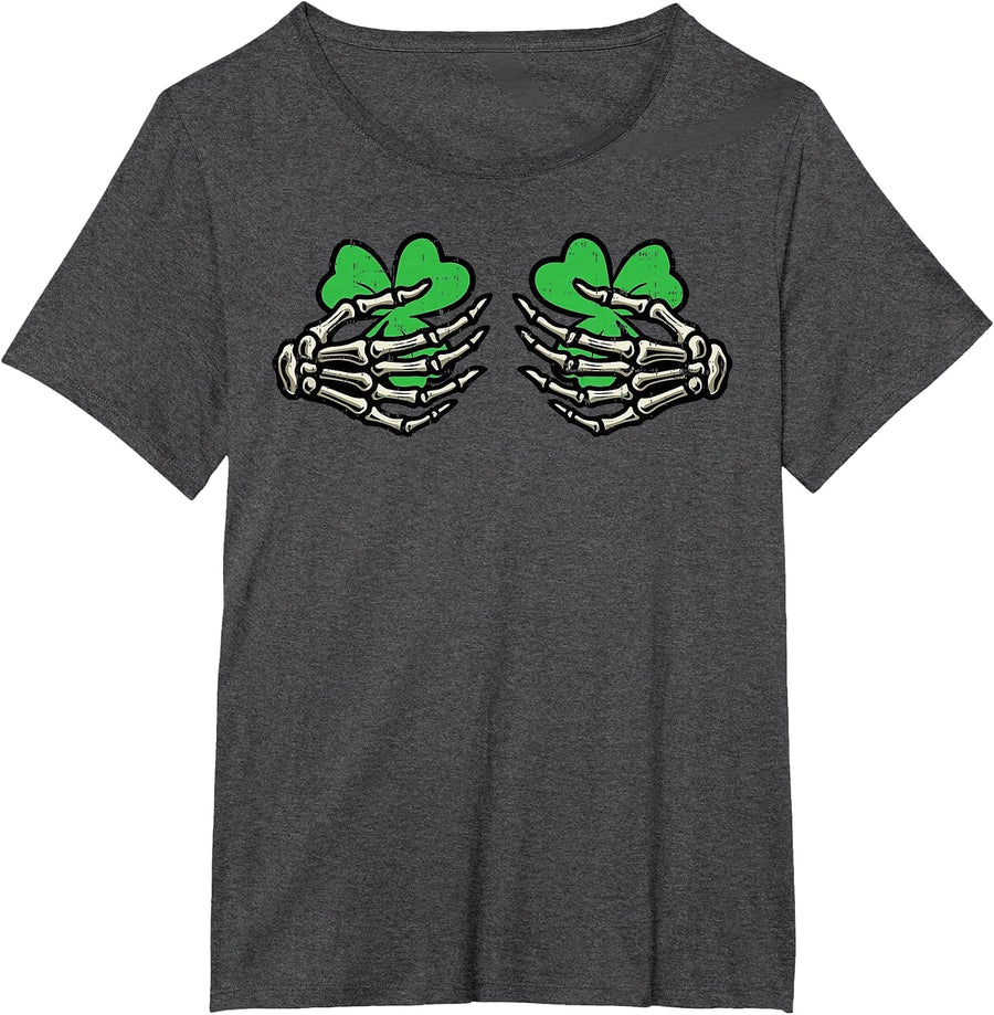 St Patricks Skeleton Hand Clover Chest Saint Pattys Women T-Shirt - Dark Heather Grey
