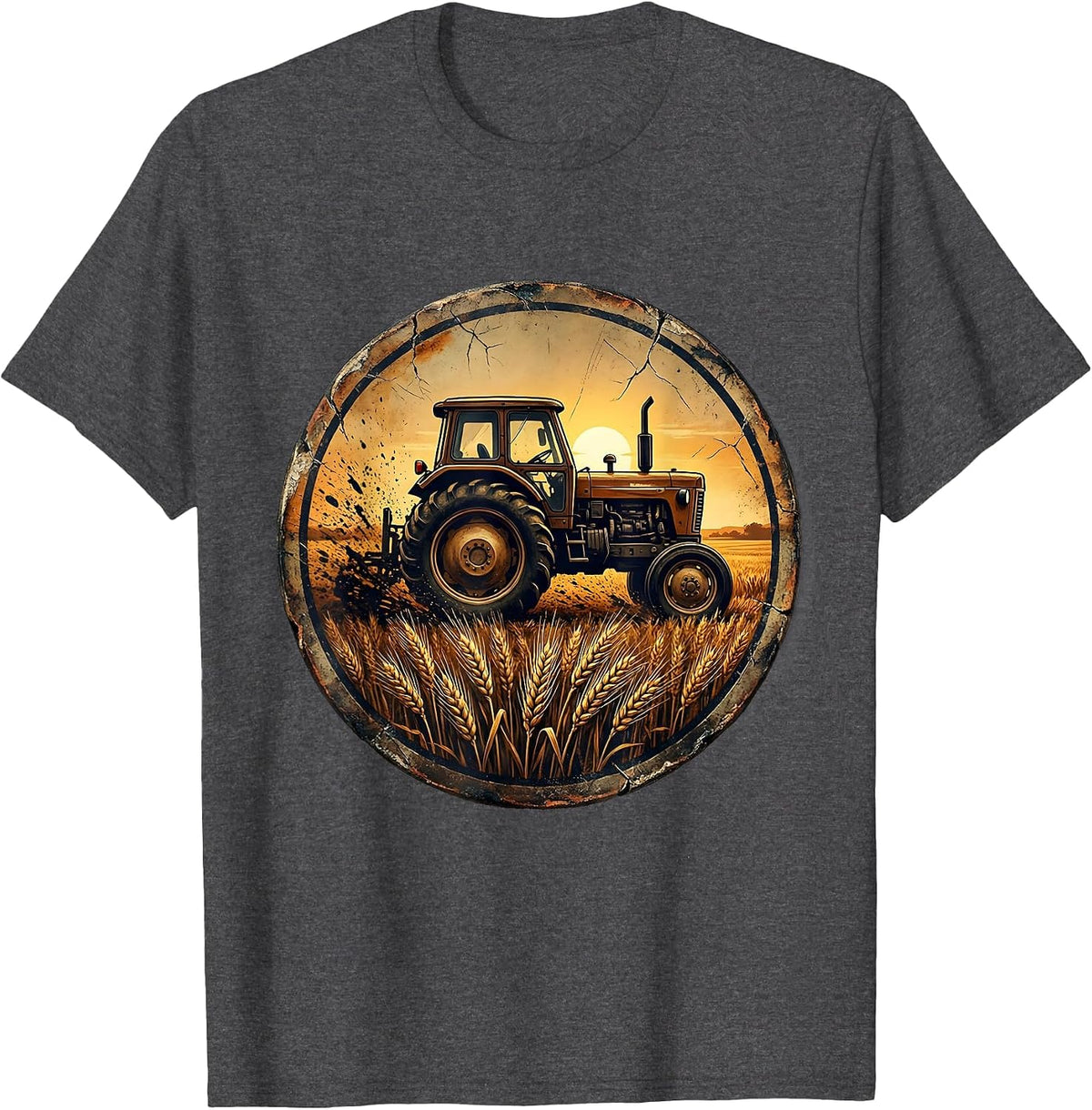 Labor Day Farmer Tractor Golden Field Illustration T-Shirt - Dark Heather Grey