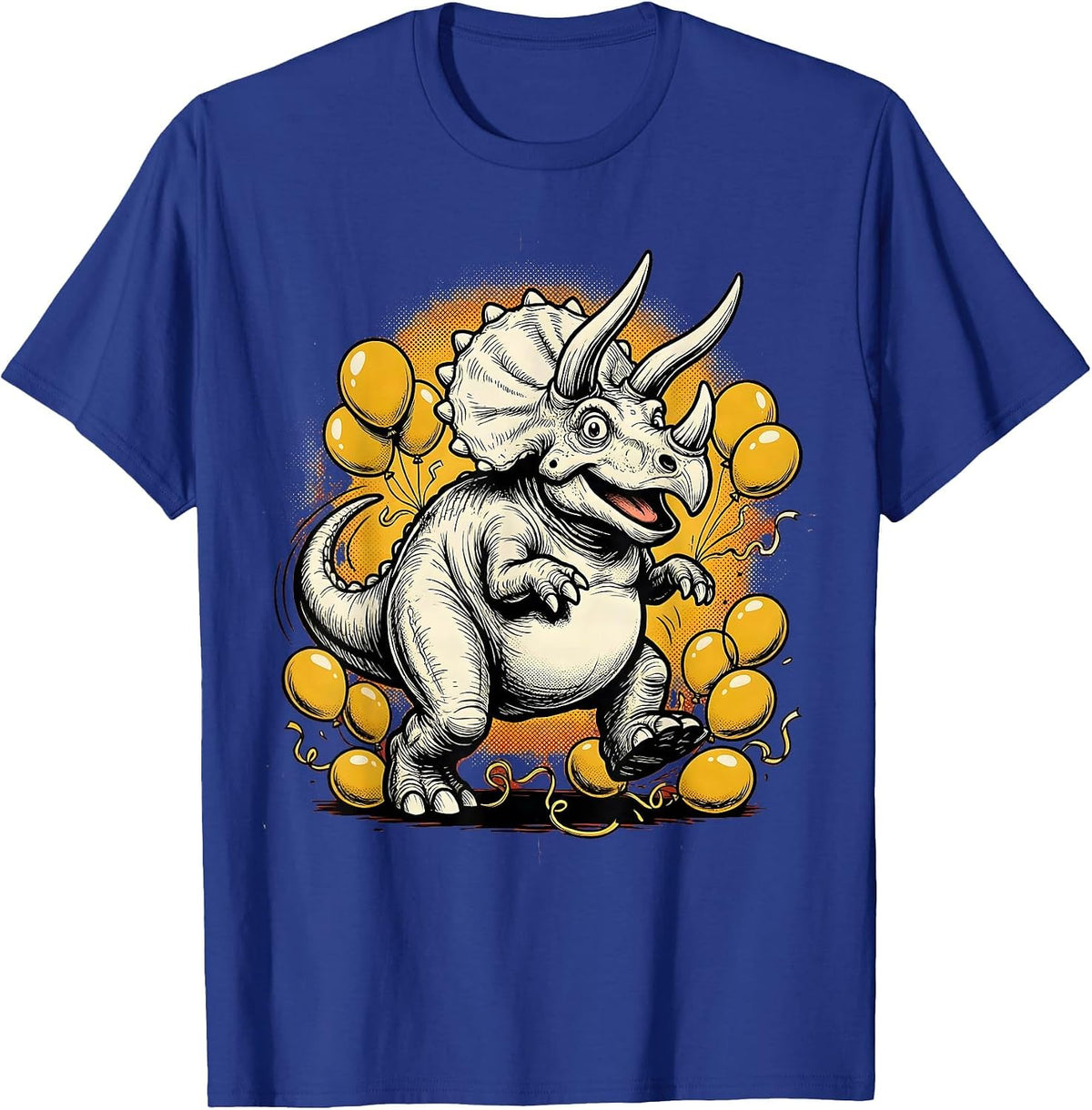 Triceratops Birthday Balloon Charge Dinosaur T-Shirt - Royal Blue