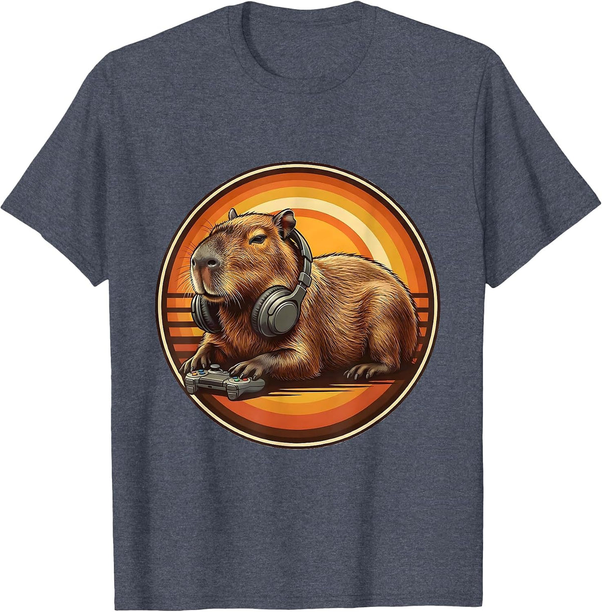 Capybara Gamer Retro 70s Meme Humor T-Shirt - Heather Blue