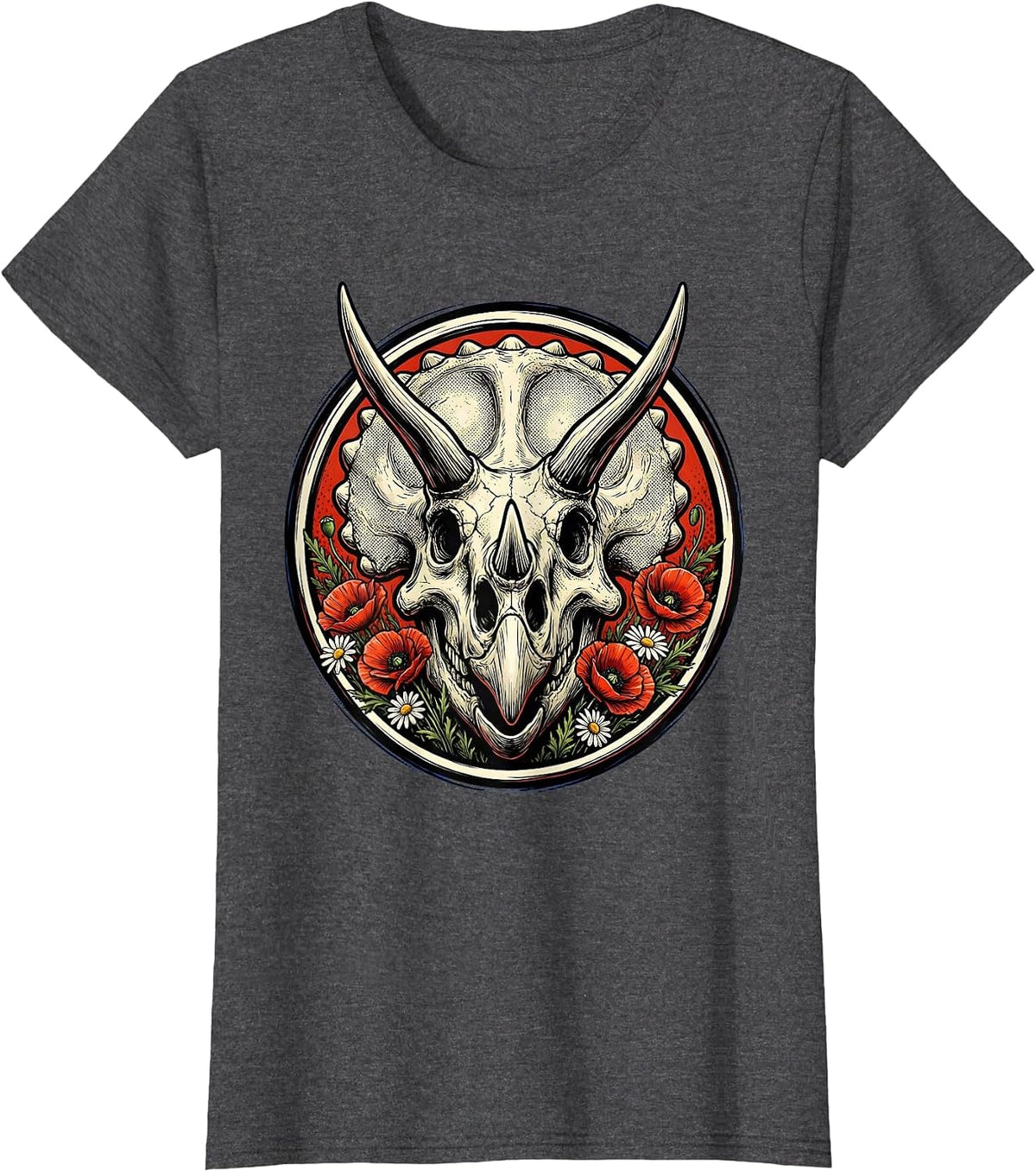 Women's Triceratops Skull Wildflowers Dinosaur Illustration T-Shirt - Dark Heather Grey