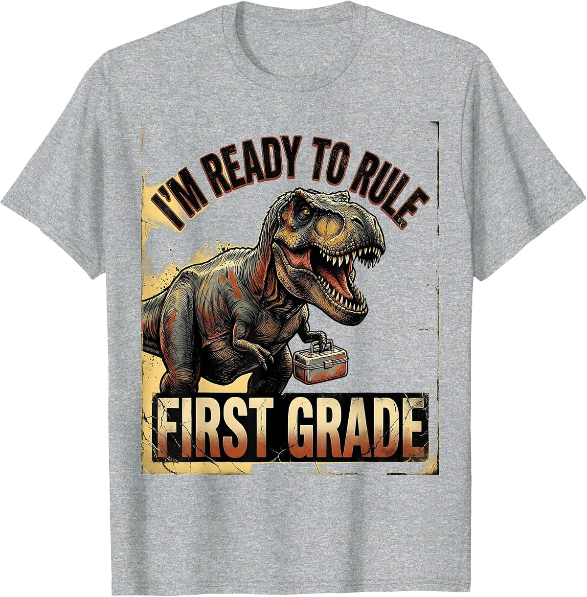 Men's I'm Ready To Rule First Grade Distressed Dinosaur Back T-Shirt - Heather Grey