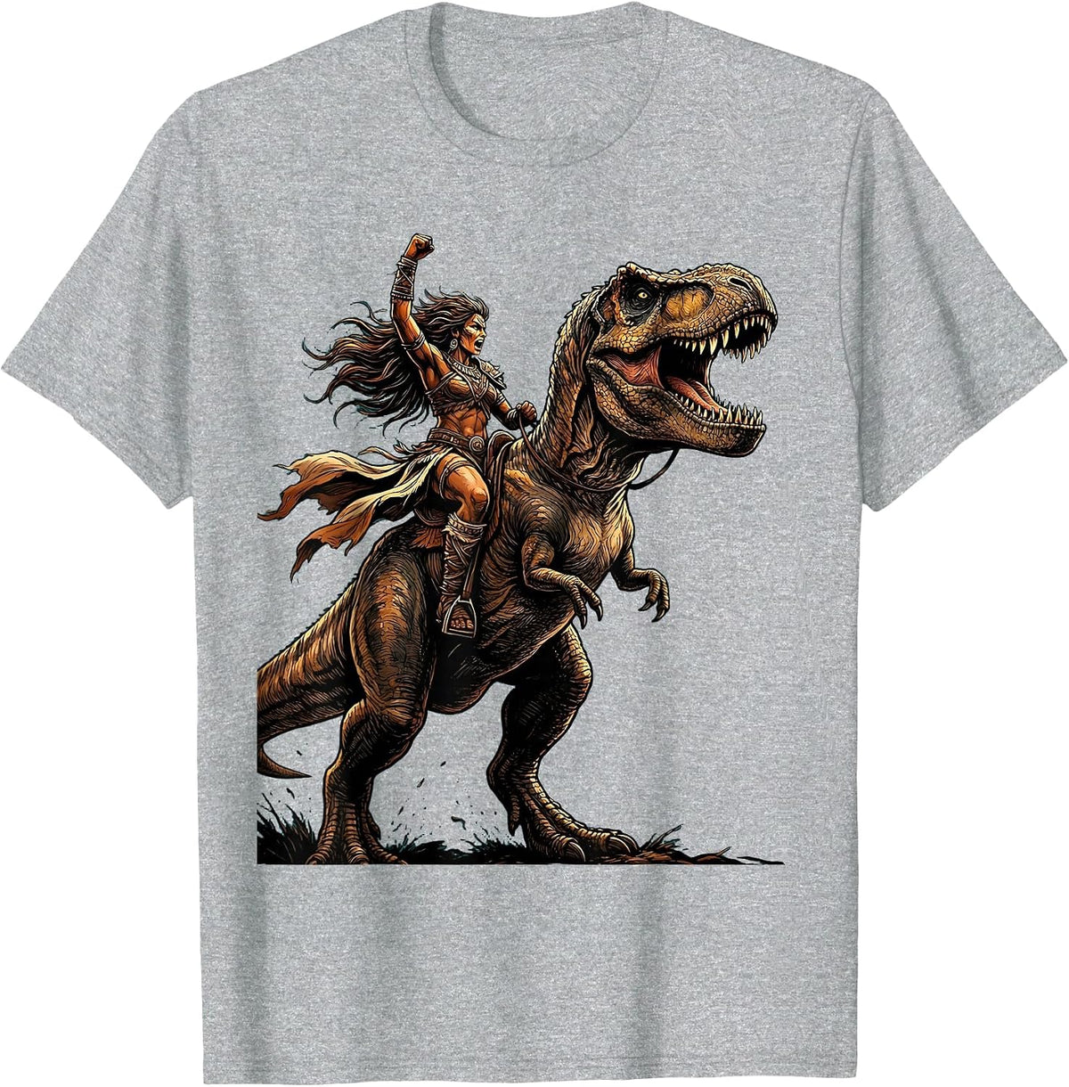 Men's Dino Rider Wild T-Rex Rearing Dinosaur Design T-Shirt - Heather Grey