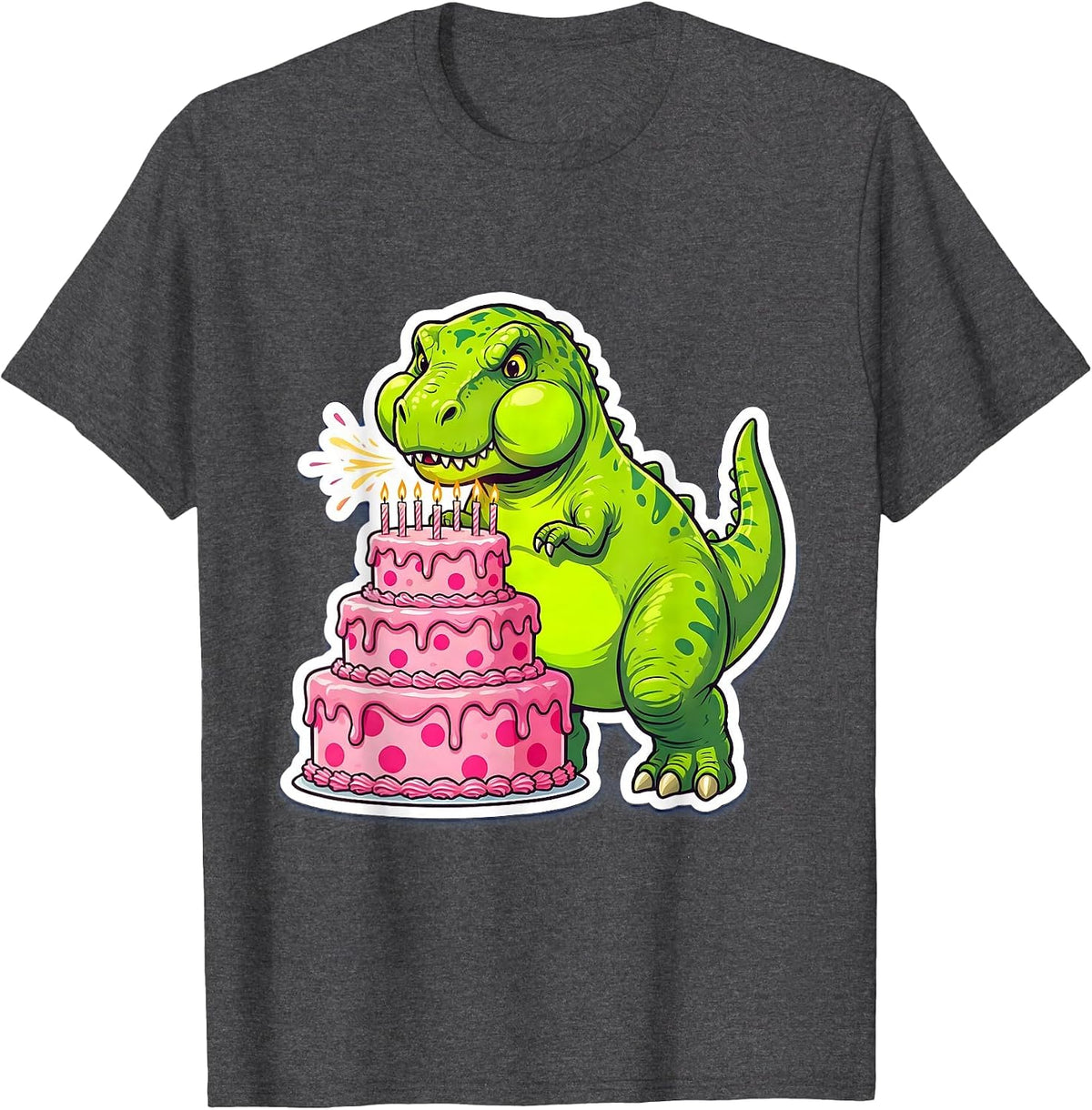 T-Rex Birthday Cake Dinosaur Celebration T-Shirt - Dark Heather Grey