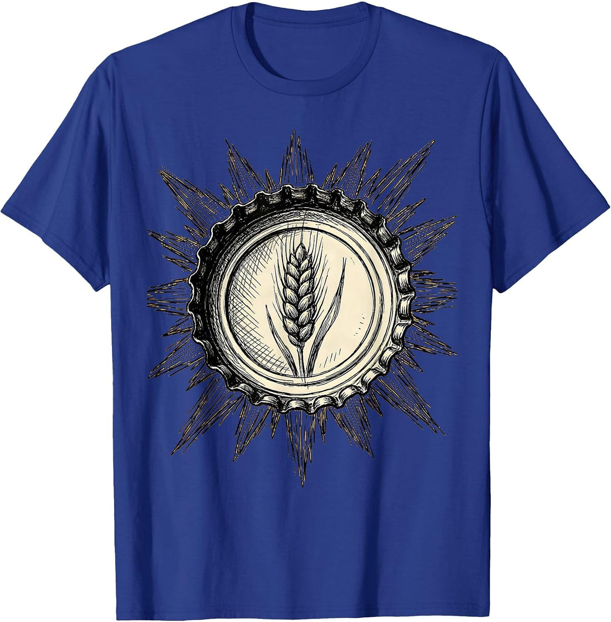Men's Vintage Beer Bottle Cap Sun Rays Graphic Tee T-Shirt - Royal Blue