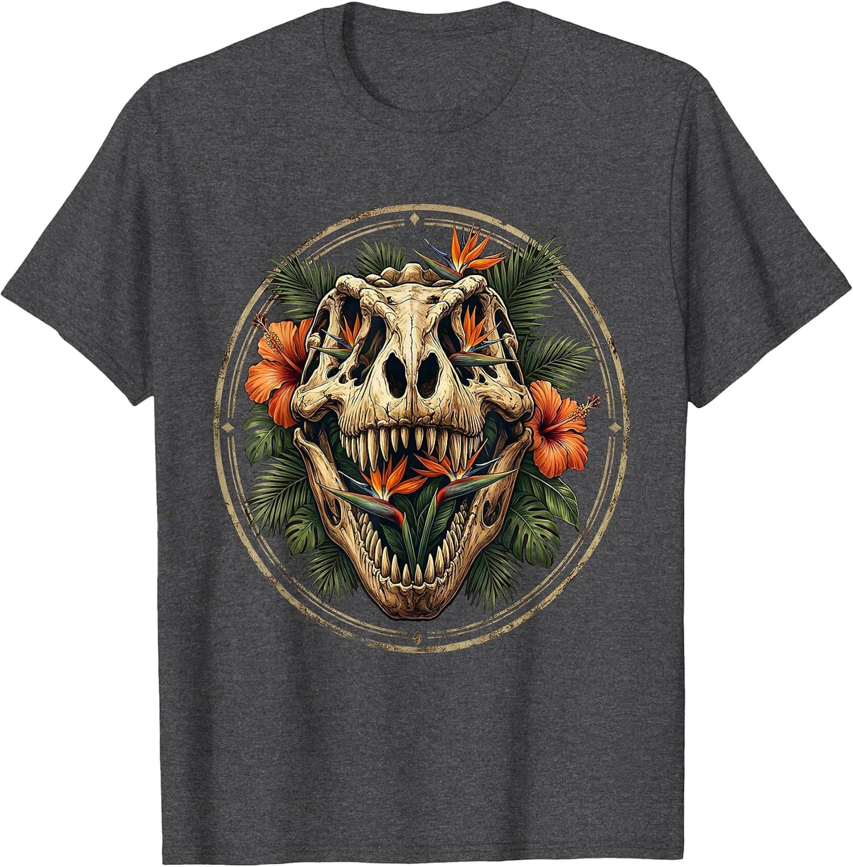 T-Rex Skull Tropical Floral Dinosaur Art T-Shirt - Dark Heather Grey
