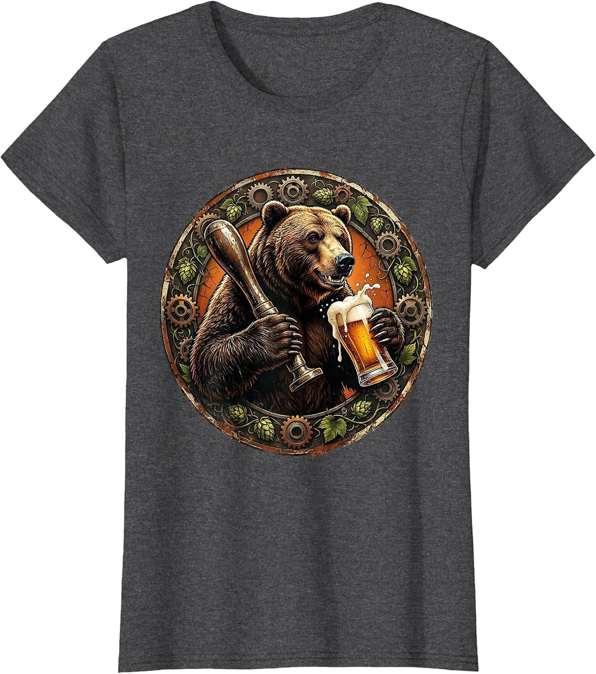 Women's Grizzly Bear Bartender Pouring Draft Beer Graphic T-Shirt - Dark Heather Grey