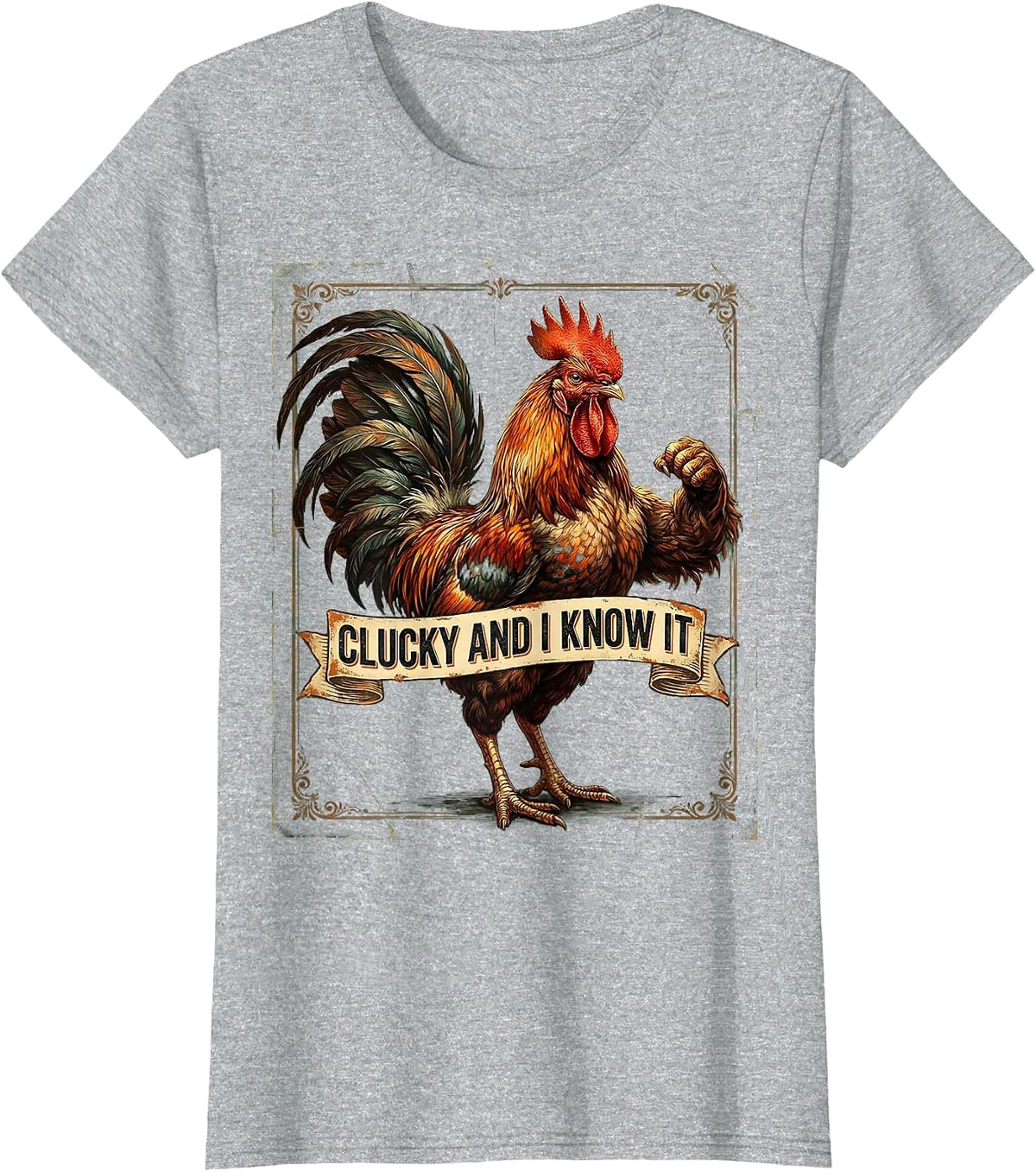 Clucky and I Know It Funny Chicken Design T-Shirt - Heather Grey