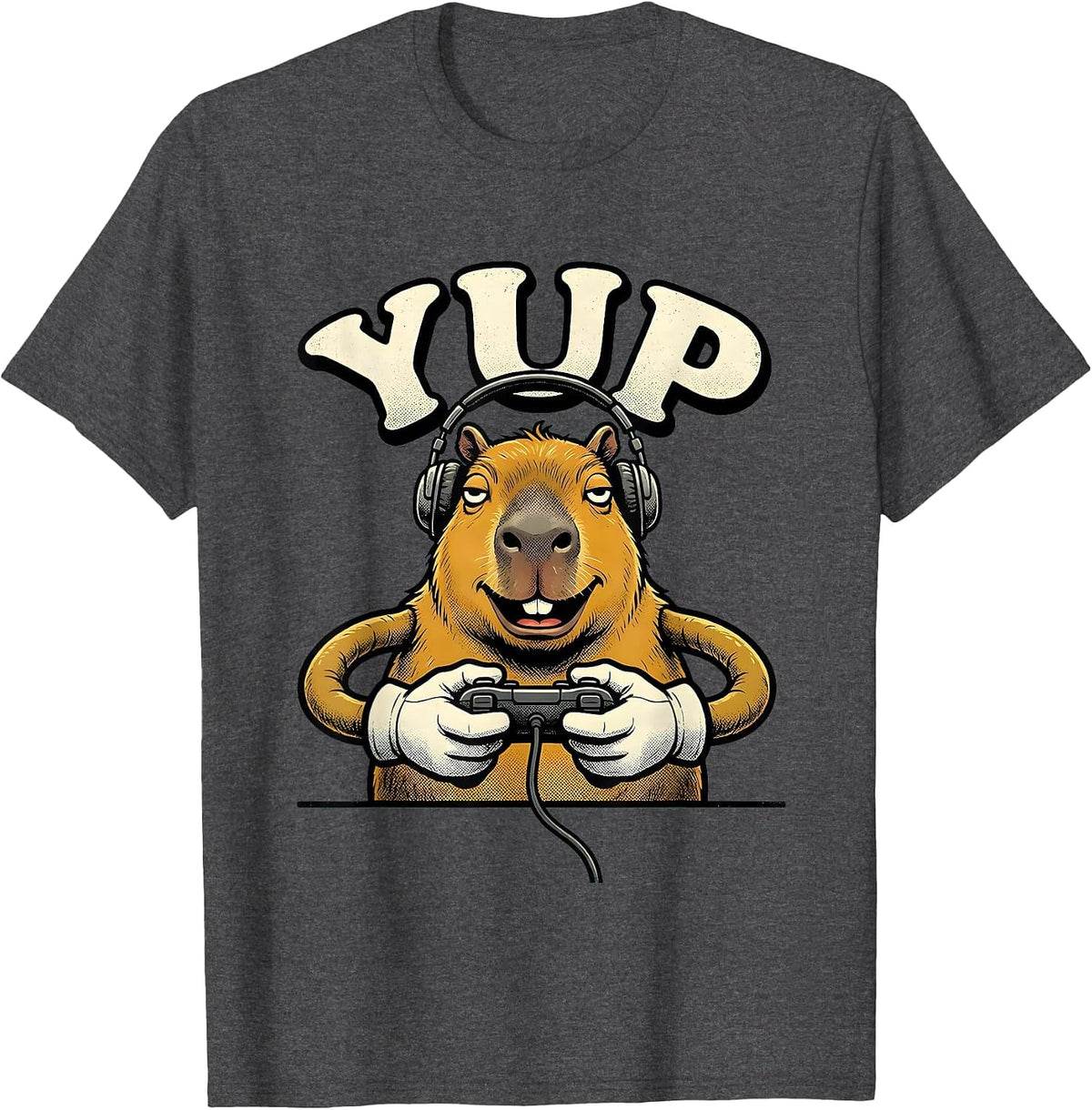 Men's Yup Retro Cartoon Capybara Gamer Meme Humor T-Shirt - Dark Heather Grey