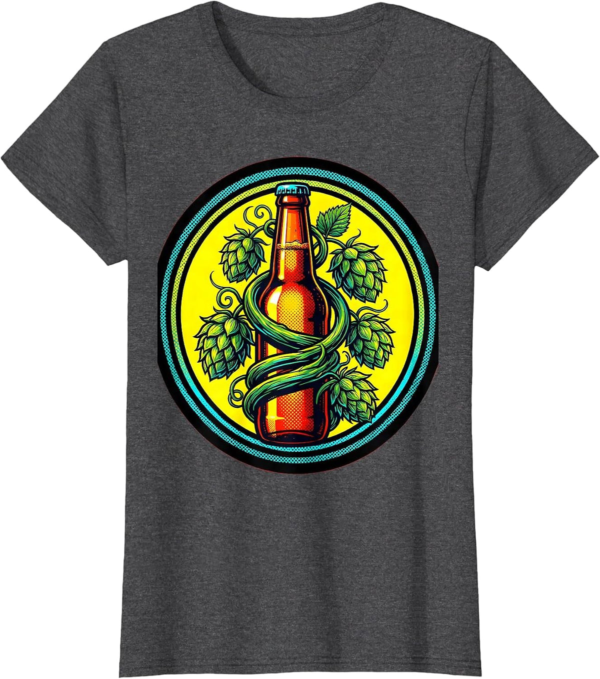 Women's Hop Vine Beer Bottle Botanical Illustration T-Shirt - Dark Heather Grey