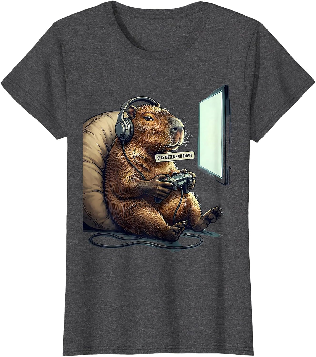 Women's Slay Meter's On Empty Funny Capybara Gamer Meme Humor T-Shirt - Dark Heather Grey