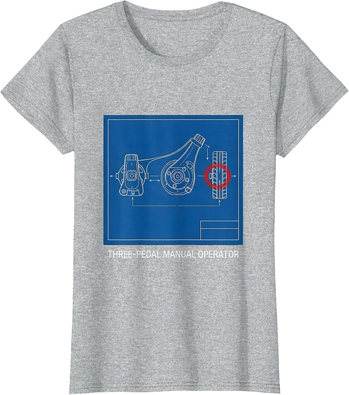 Women's Three-Pedal Manual Operator Technical Blueprint Car Guy T-Shirt - Heather Grey