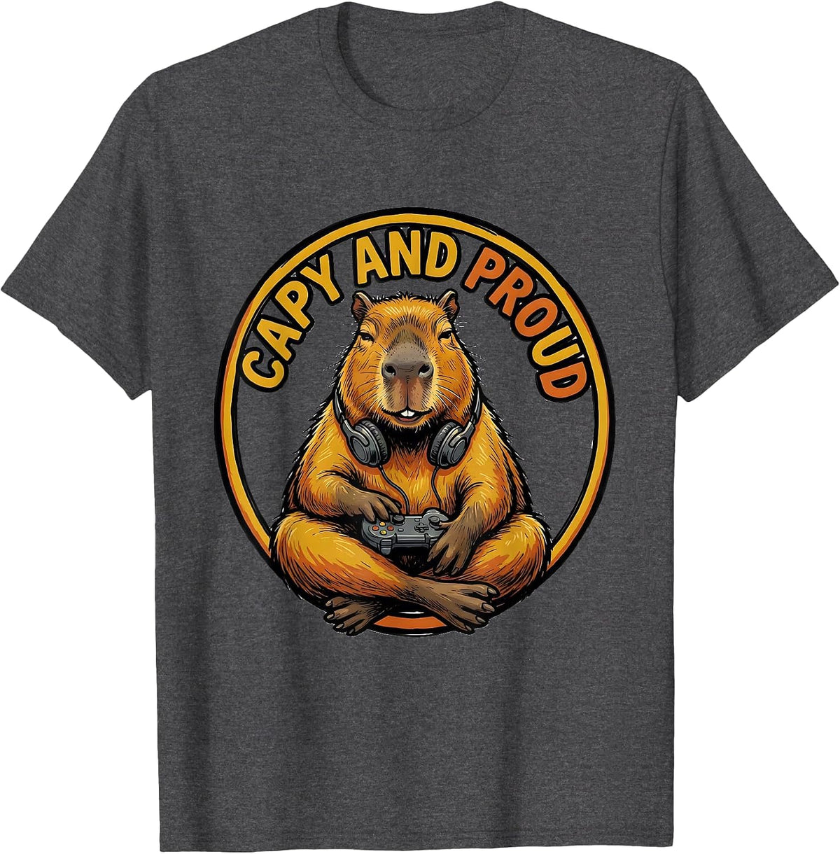 Men's Capy And Proud Funny Capybara Gamer Meme Humor T-Shirt - Dark Heather Grey