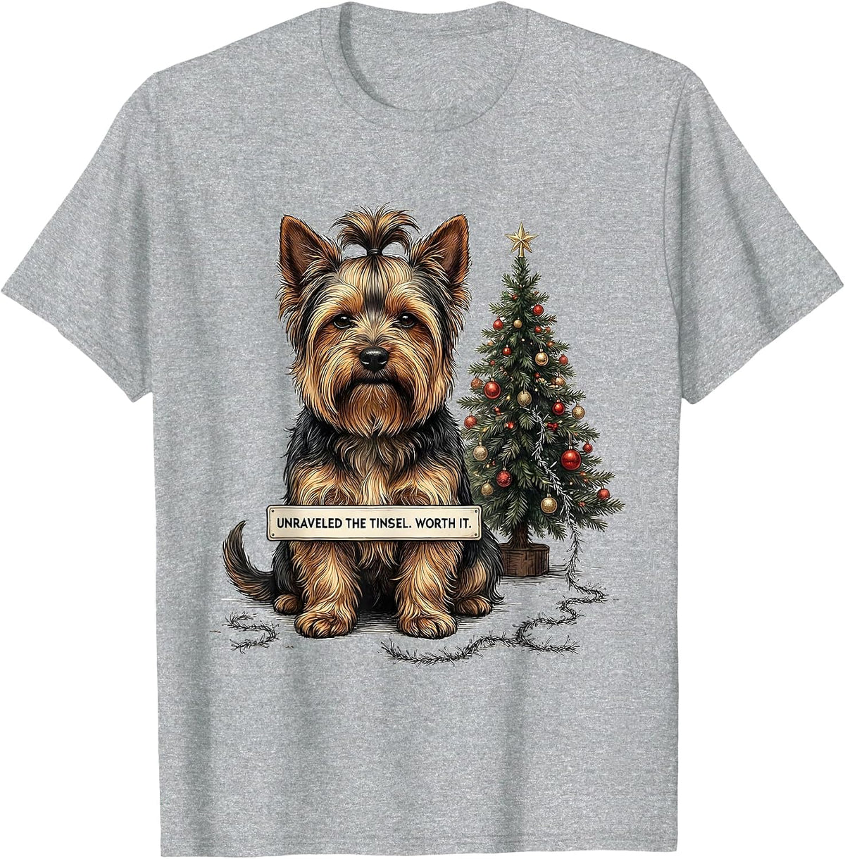 Men's Unraveled The Tinsel Worth It Funny Yorkshire Terrier T-Shirt - Heather Grey