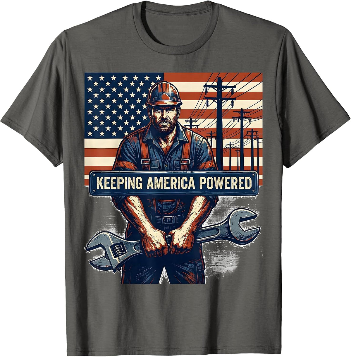 Keeping America Powered Patriotic Lineman Electrician T-Shirt - Asphalt Grey