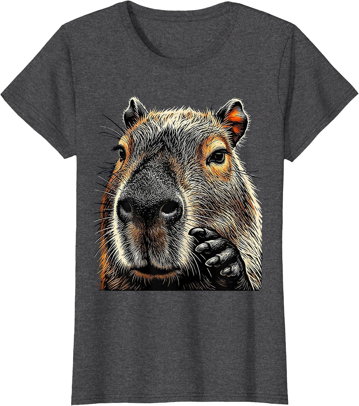 Women's Capybara Linocut Funny Animal Meme Gamer Humor T-Shirt - Dark Heather Grey