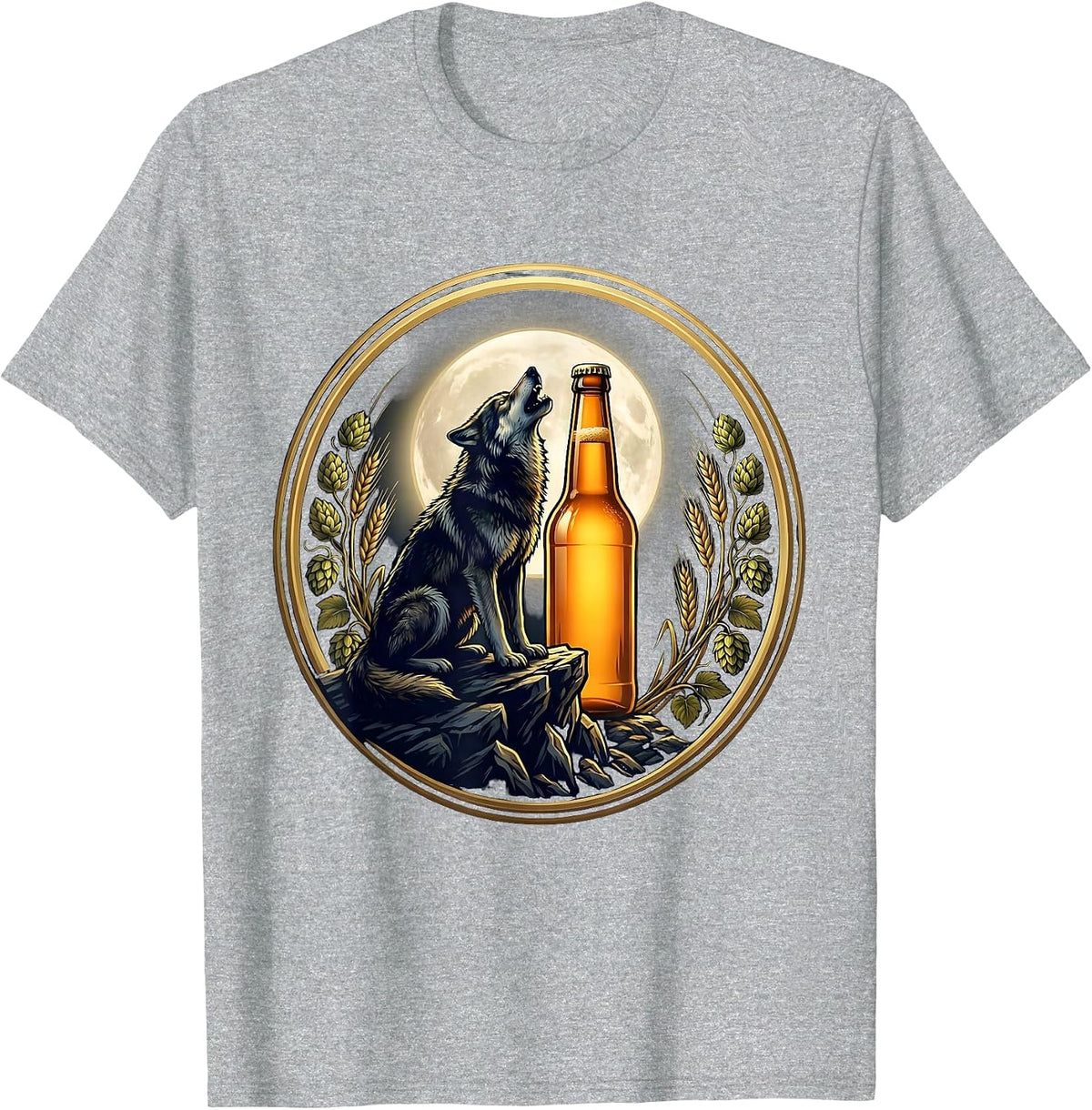 Men's Wolf Howling at Beer Bottle Moon Graphic T-Shirt - Heather Grey