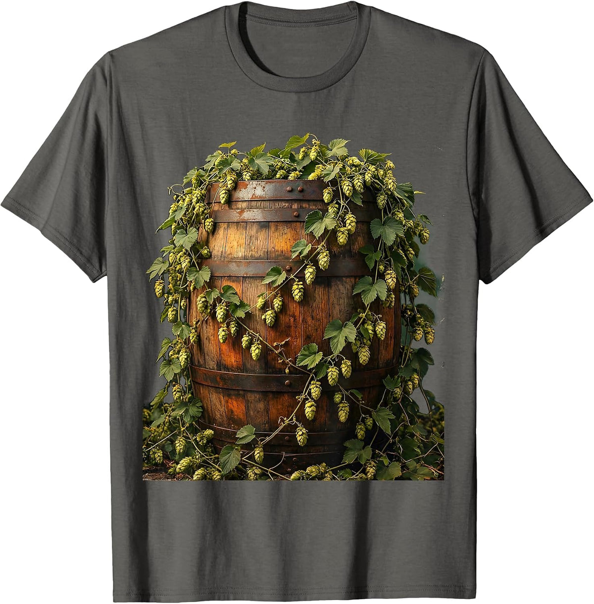 Men's Hop Vine Wrapped Barrel Craft Beer Illustration T-Shirt - Asphalt Grey