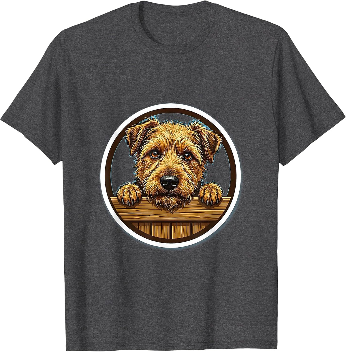 Scruffy Terrier Peeking Over Fence Graphic T-Shirt - Dark Heather Grey