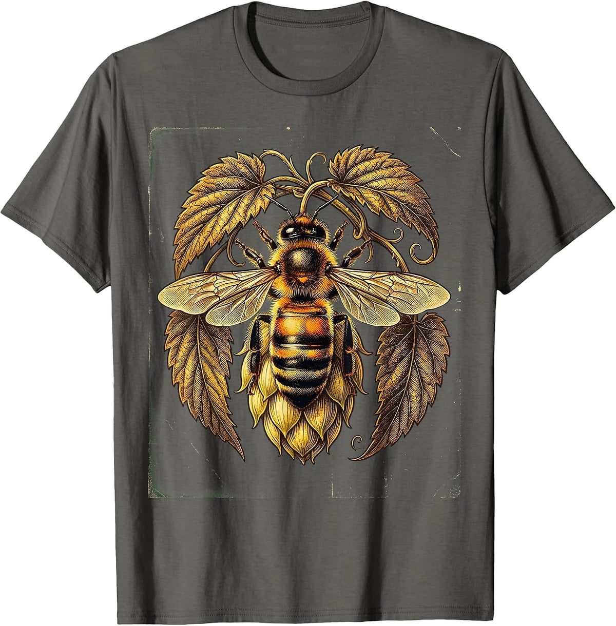 Bee Harvesting Hops Craft Beer Nature Art T-Shirt - Asphalt Grey