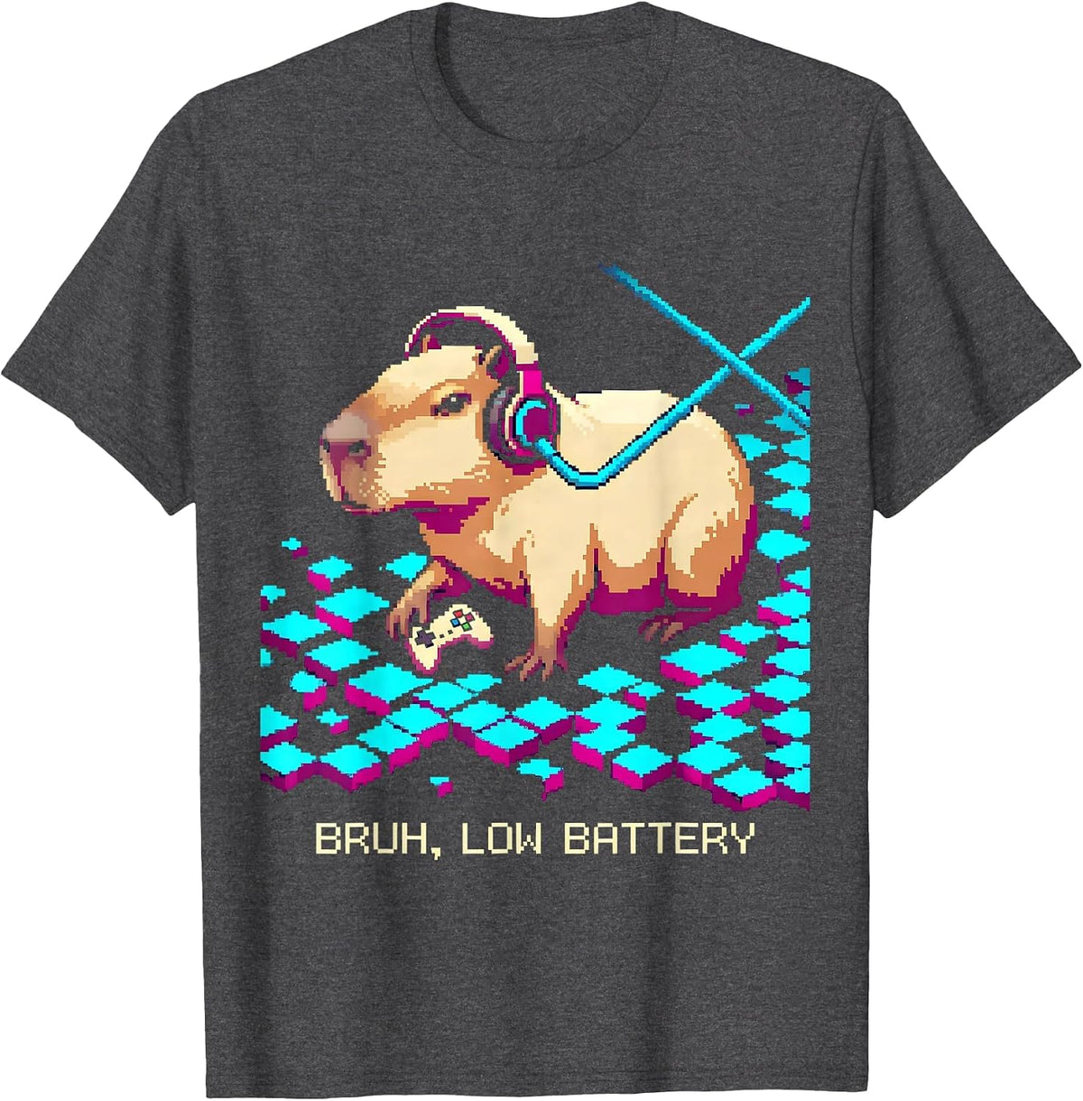 Bruh Low Battery Pixel Art Capybara Gamer Meme Humor T-Shirt - Dark Heather Grey