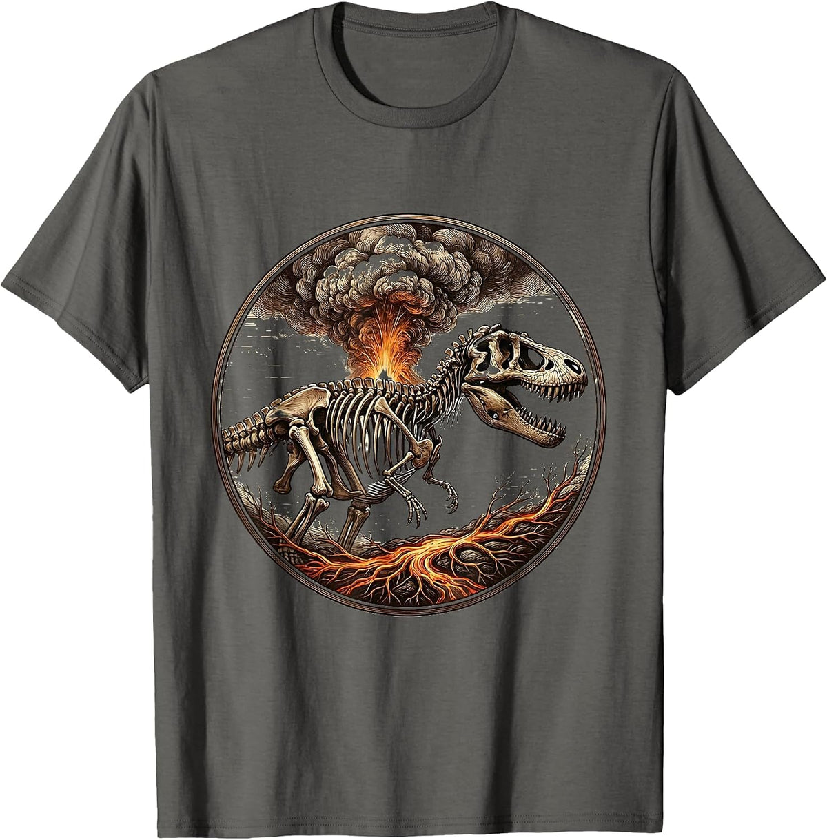 T-Rex Silhouette Volcanic Eruption Dinosaur Design T-Shirt - Asphalt Grey