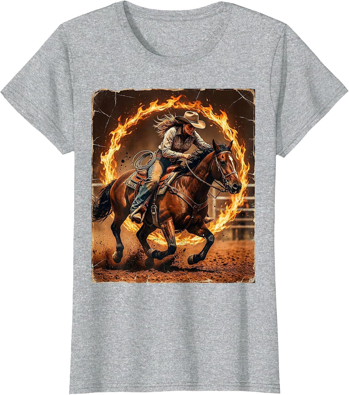 Cowgirl Barrel Racing Fire Ring Graphic T-Shirt - Heather Grey
