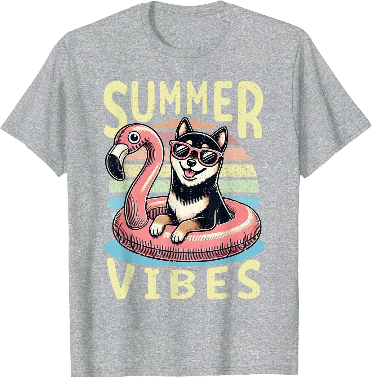 Retro Summer Vibes Black and Tan Shiba Inu Dog Vacation Trip T-Shirt - Heather Grey