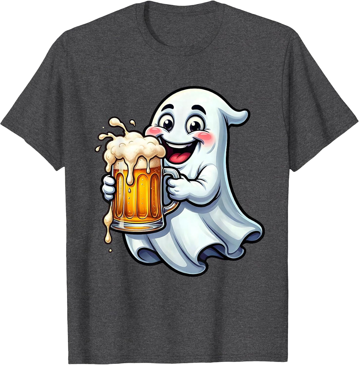 Men's Friendly Ghost Overflowing Beer Mug Illustration T-Shirt - Dark Heather Grey