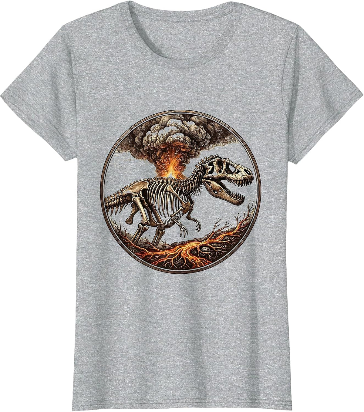 T-Rex Silhouette Volcanic Eruption Dinosaur Design T-Shirt - Heather Grey