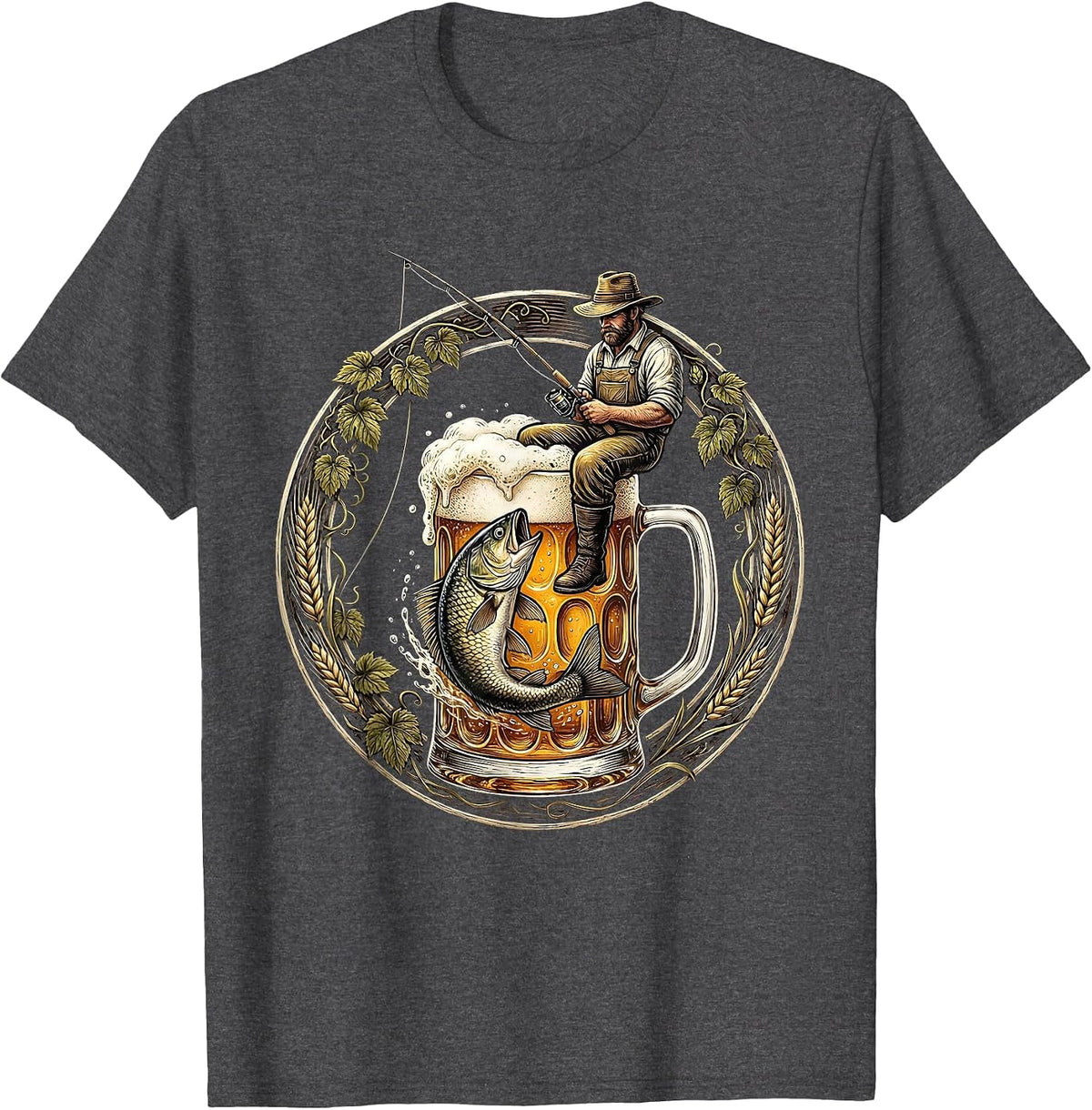 Men's Fisherman Catching Fish in a Beer Glass T-Shirt - Dark Heather Grey