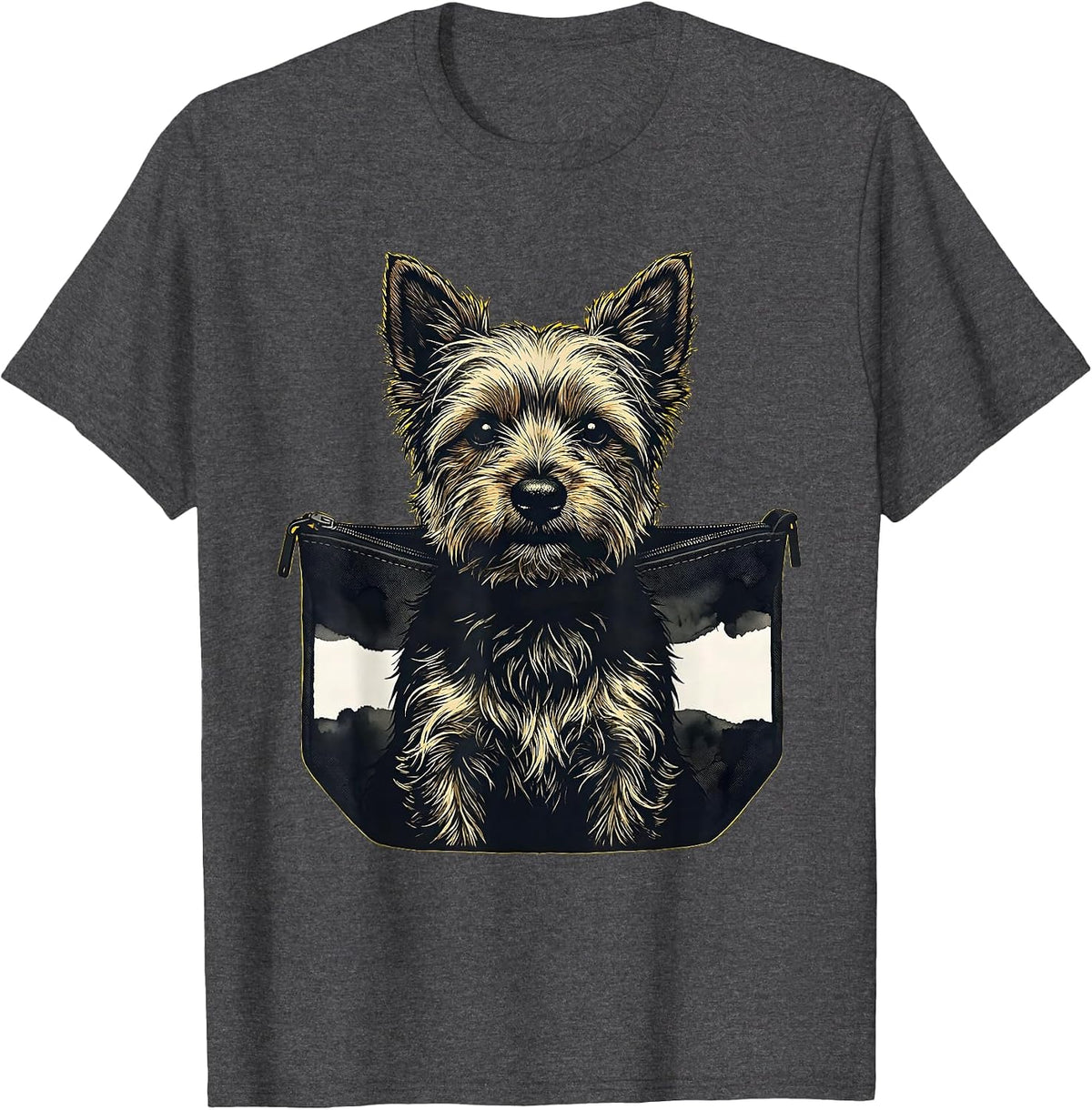 Peeking Puppy Pocket Yorkshire Terrier Stencil Graphic T-Shirt - Dark Heather Grey