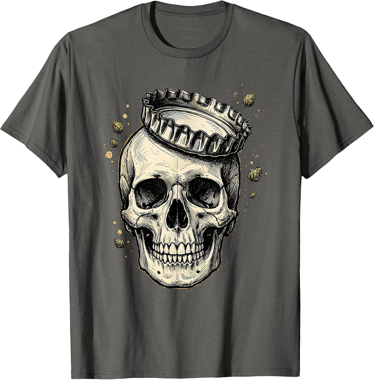 Men's Skull Beer Bottle Cap Crown Graphic T-Shirt - Asphalt Grey