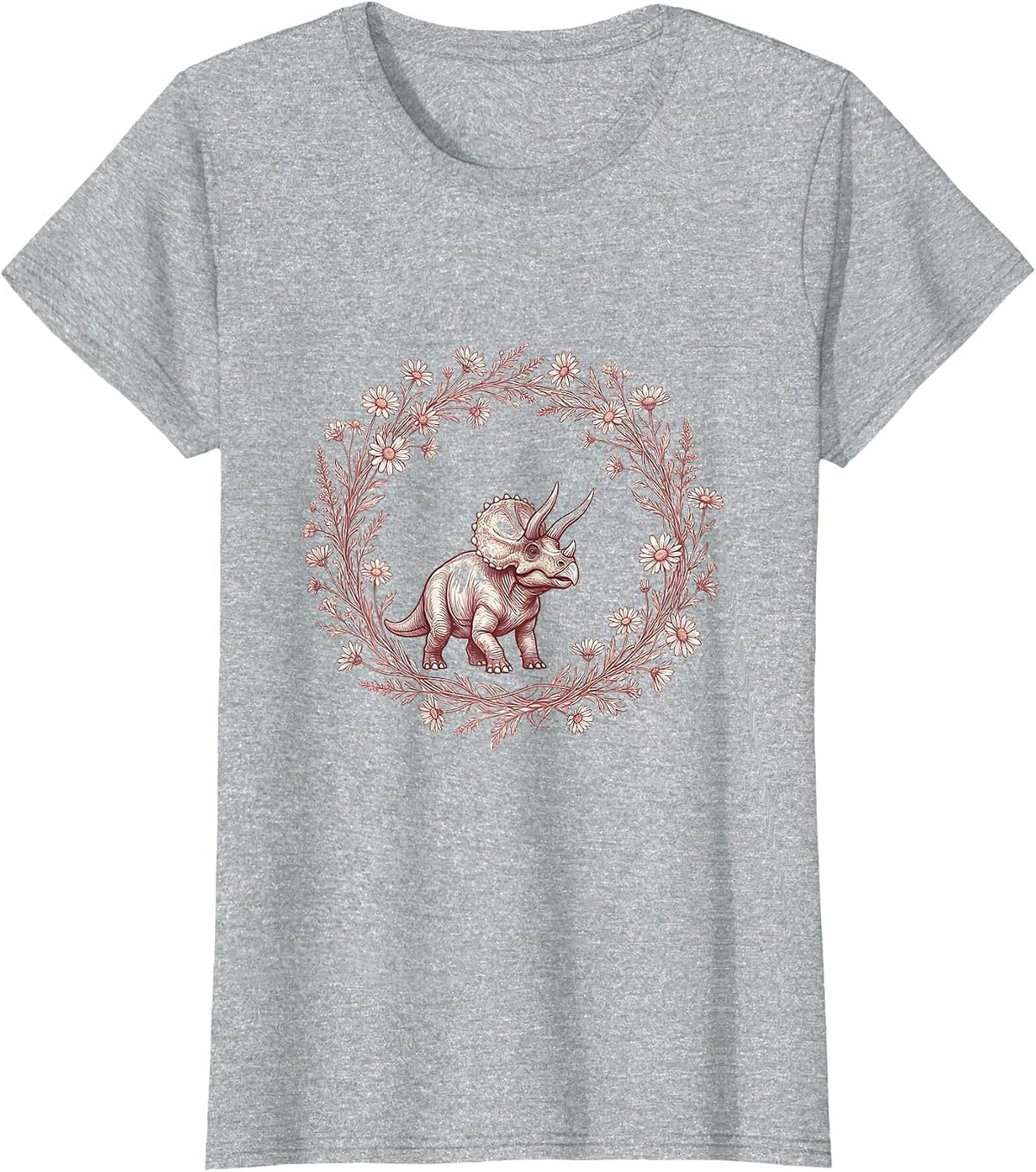 Baby Triceratops Flower Crown Dinosaur Illustration T-Shirt - Heather Grey