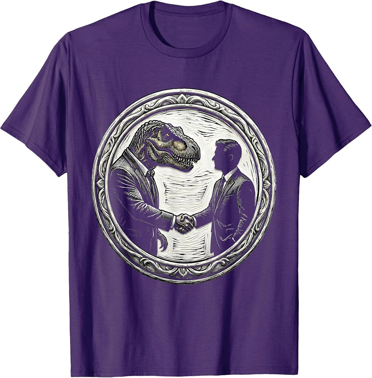 Dinosaur and Human Handshake in Suits Graphic T-Shirt - Purple