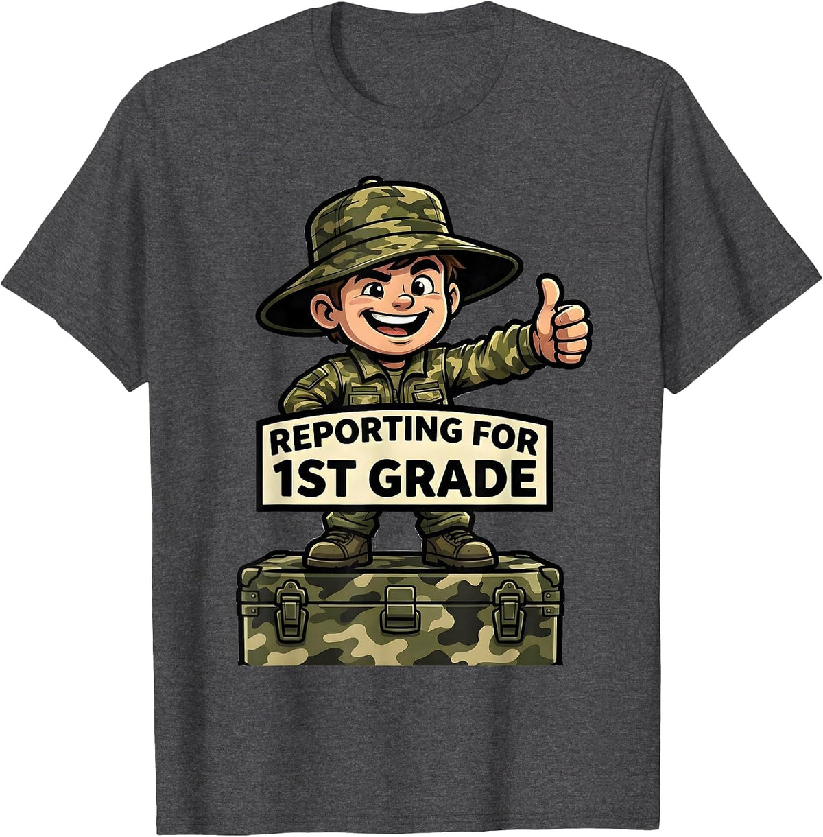 Men's Reporting For 1st Grade Camo First Grade Boy Back To School T-Shirt - Dark Heather Grey