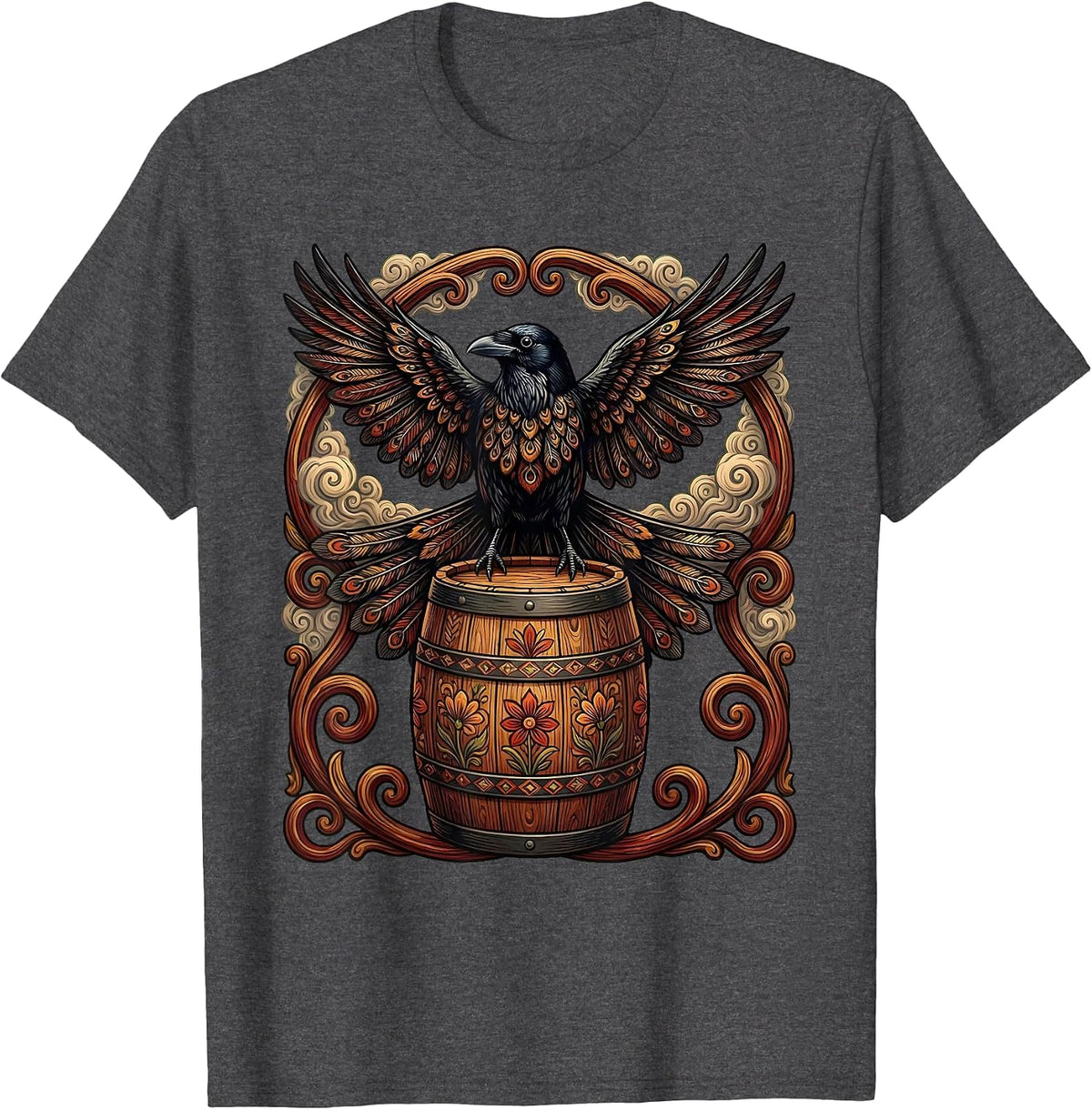 Crow on a Keg Foggy Night Beer Art T-Shirt - Dark Heather Grey