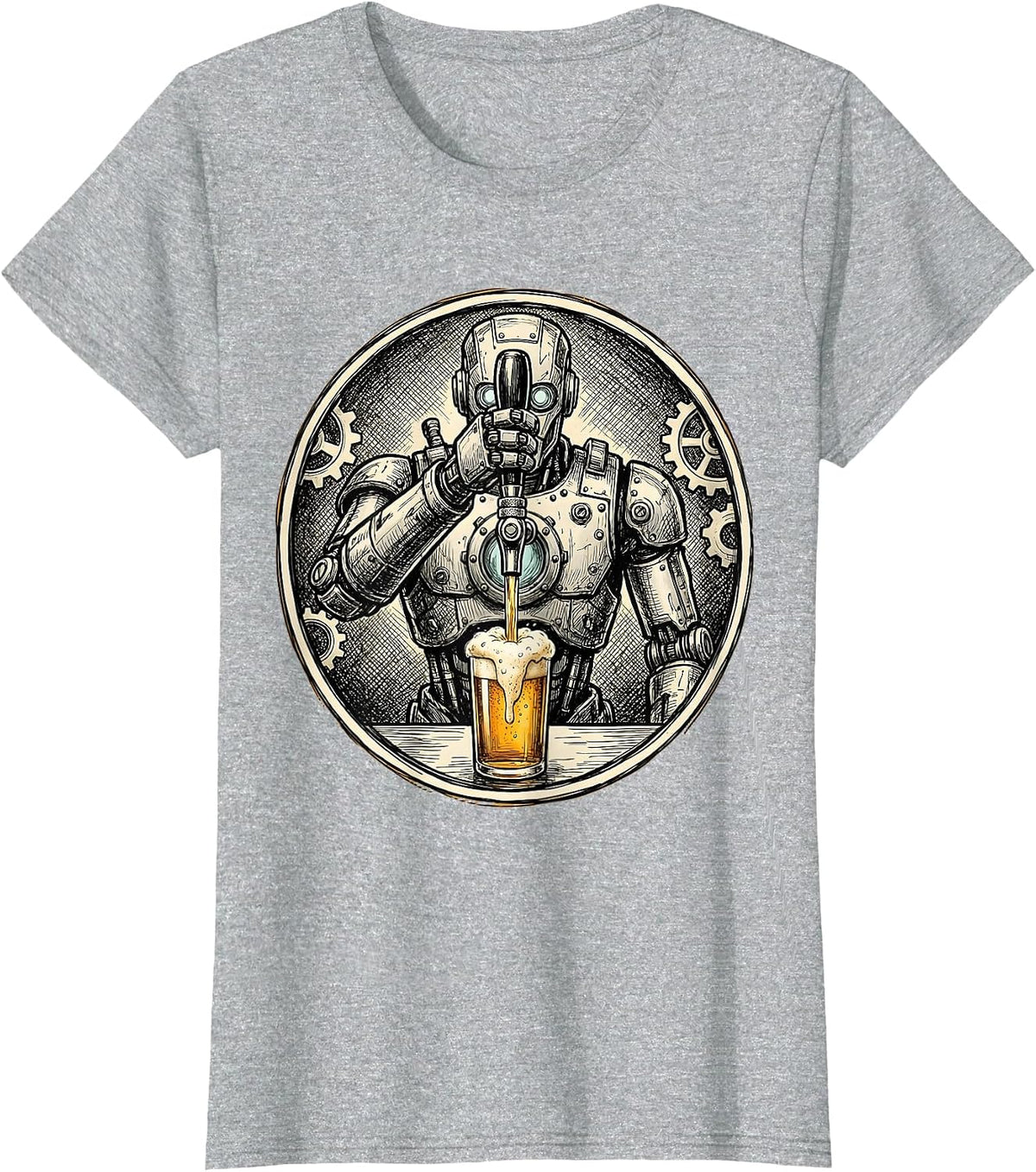 Robot Bartender Beer Tap Graphic Tee T-Shirt - Heather Grey