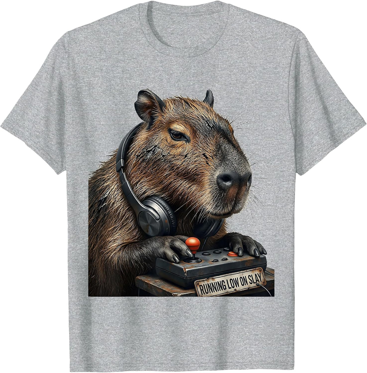 Men's running low on slay Distressed Capybara Gamer Meme Humor T-Shirt - Heather Grey