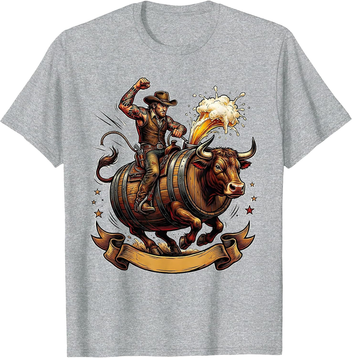 Men's Beer Barrel Bull Rider Funny Drinking Graphic T-Shirt - Heather Grey