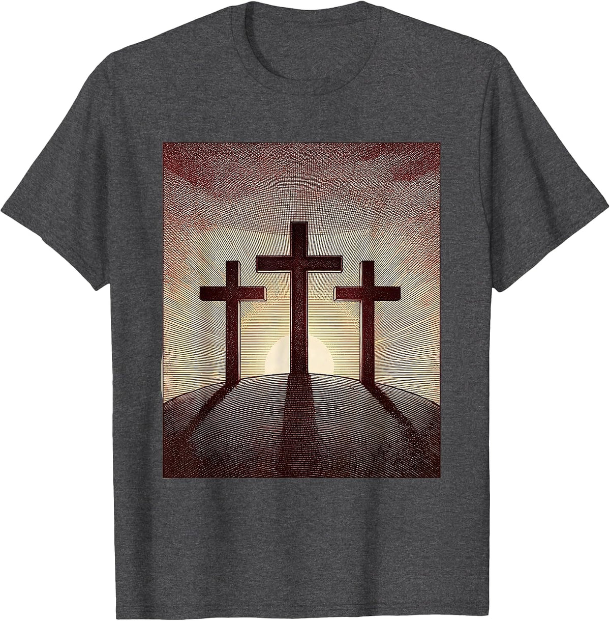 Three Crosses Crimson Sunset Silhouette T-Shirt - Dark Heather Grey