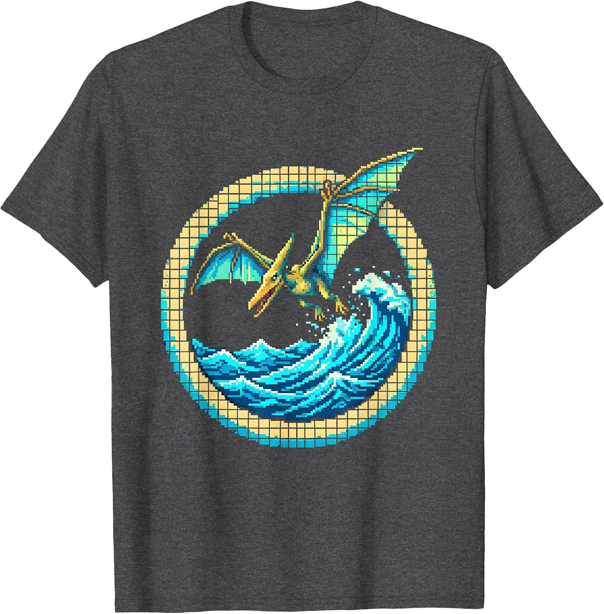 Men's Pterodactyl Diving Over Ocean Waves Dinosaur T-Shirt - Dark Heather Grey